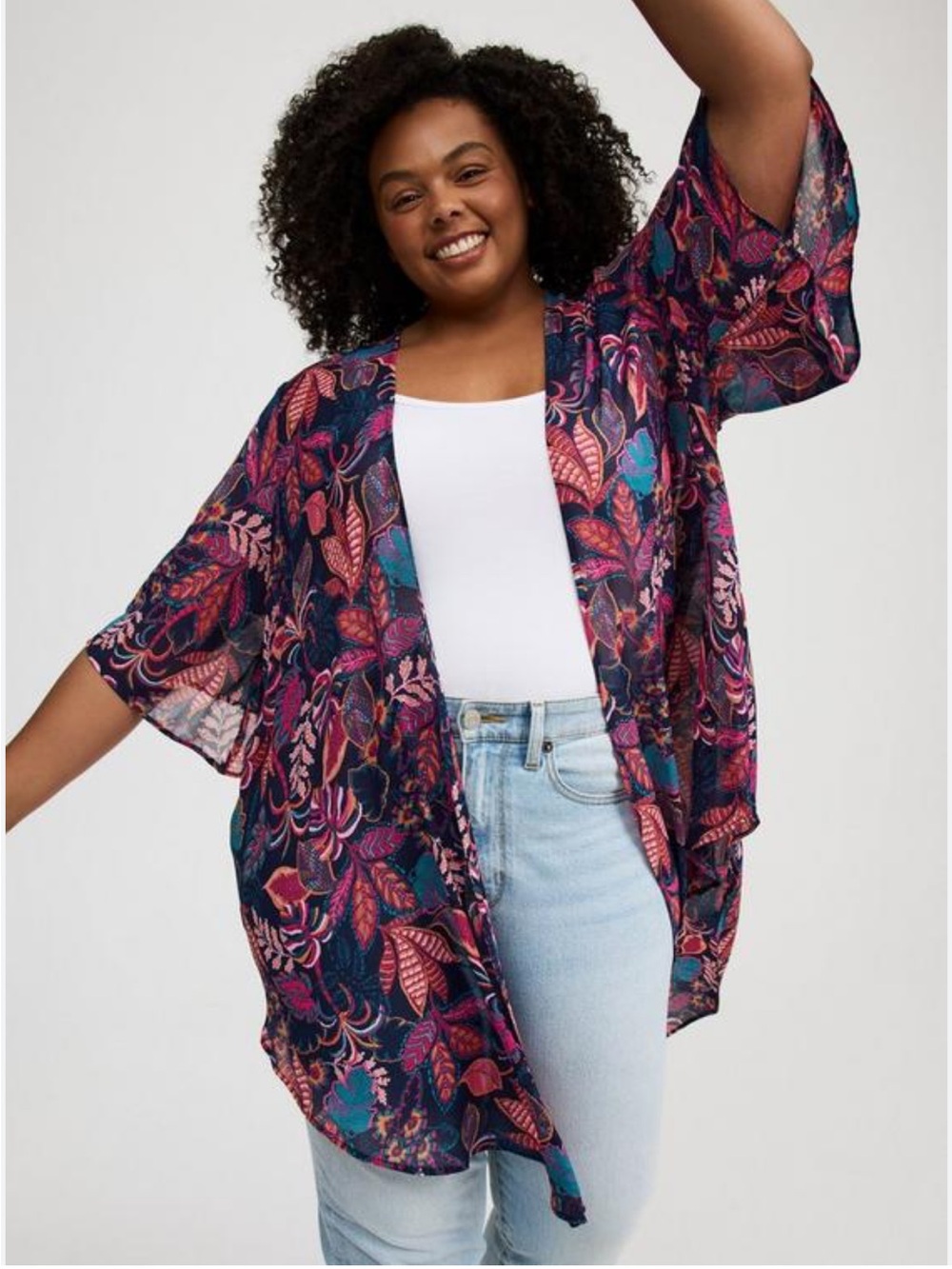 Torrid Textured Chiffon Kimono Connie Leaves Peacoat Navy Pink Floral Longline-2
